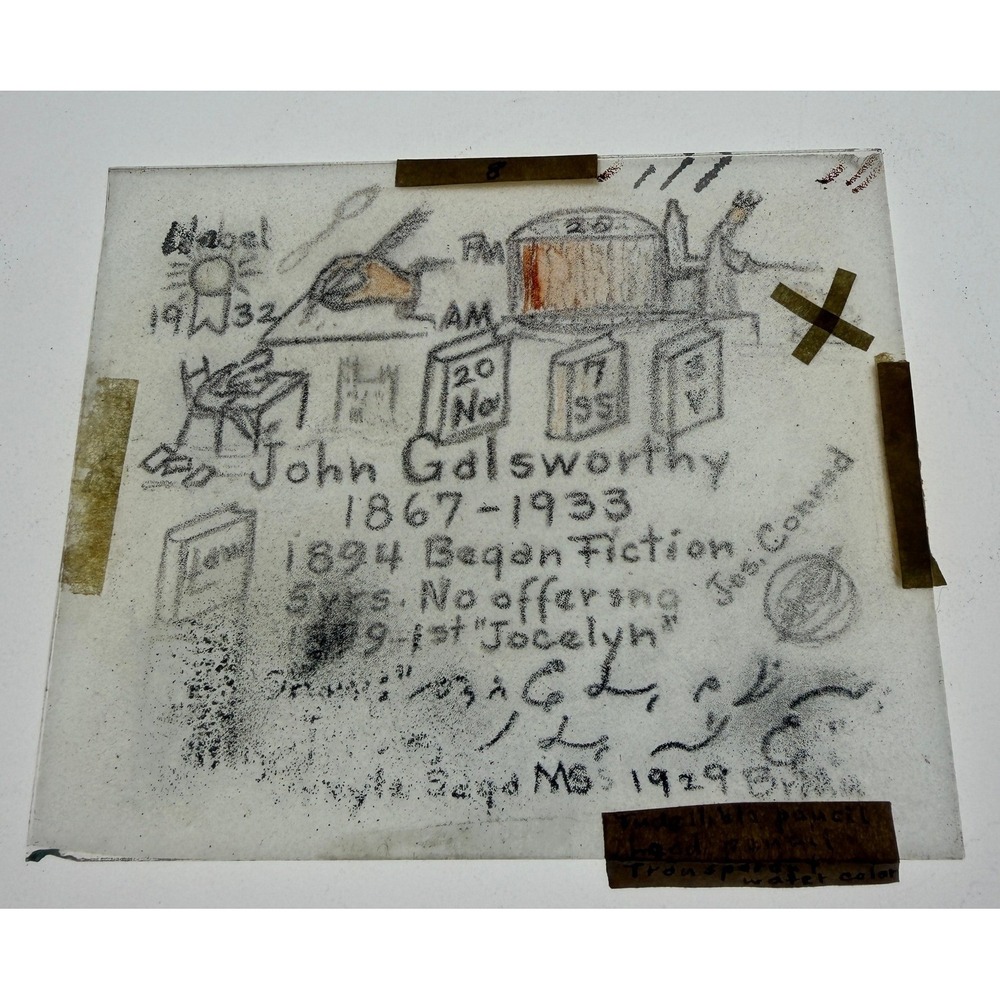 Vintage Hand Drawn John Galsworthy Educational Glass Slide Pencil Watercolor 4"